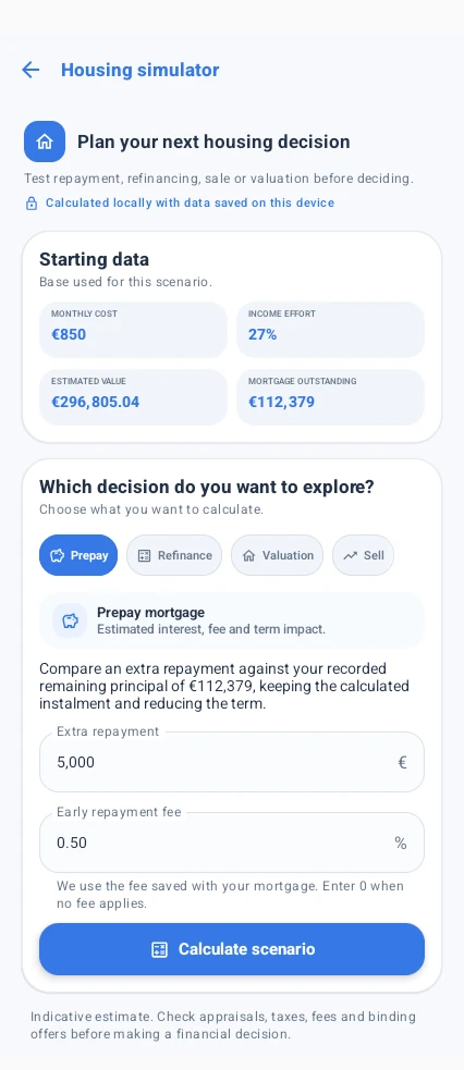 Housing simulator: starting data and decisions such as prepaying, refinancing or valuing
